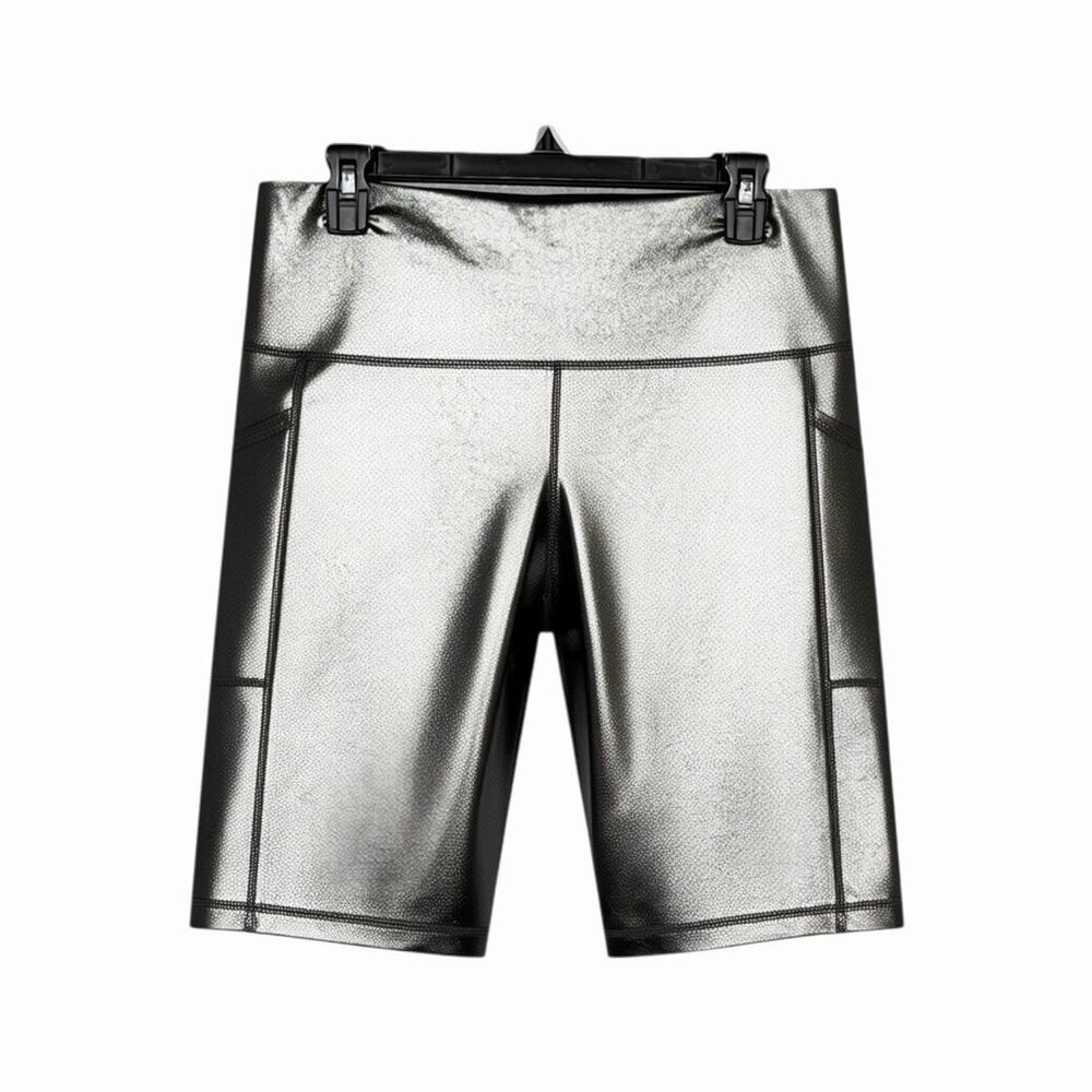 Ideology Women’s Metallic Silver Bike Shorts In Color Liquid Silver Size L NWT